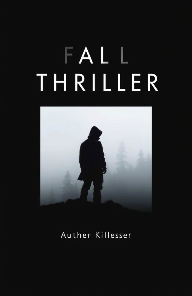 A minimalist book cover for a thriller novel, featuring a stark black background with a single, dramatic image of a shadowy figure standing at the edge of a foggy forest