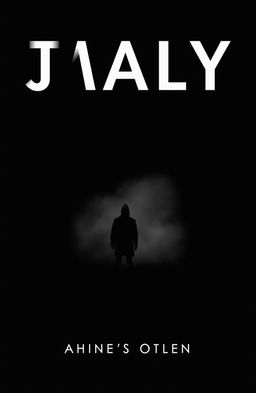 A minimalist book cover for a thriller novel, featuring a stark black background with a single, dramatic image of a shadowy figure standing at the edge of a foggy forest