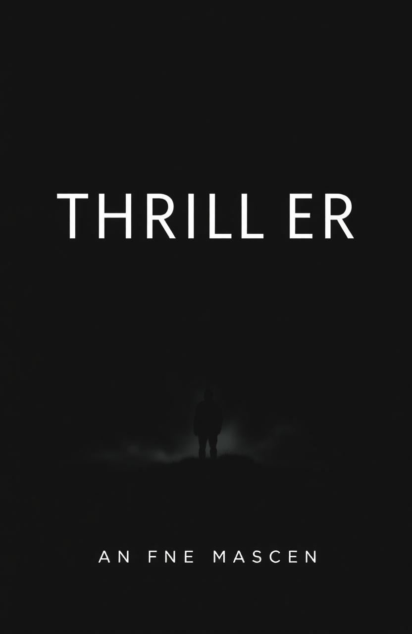 A minimalist book cover for a thriller novel, featuring a stark black background with a single, dramatic image of a shadowy figure standing at the edge of a foggy forest