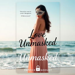 A book cover for "Love Unmasked" featuring a beautiful masked woman named Kaira standing in front of a picturesque coastal scenery in Mangalore
