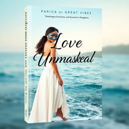 A book cover for "Love Unmasked" featuring a beautiful masked woman named Kaira standing in front of a picturesque coastal scenery in Mangalore