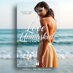 A book cover for "Love Unmasked" featuring a beautiful masked woman named Kaira standing in front of a picturesque coastal scenery in Mangalore