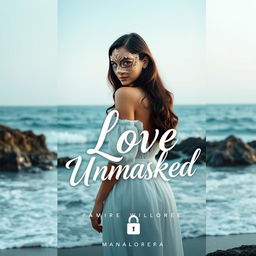 A book cover for "Love Unmasked" featuring a beautiful masked woman named Kaira standing in front of a picturesque coastal scenery in Mangalore