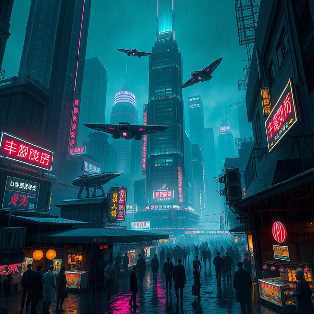 A cyberpunk cityscape inspired by Blade Runner, featuring towering skyscrapers, neon lights, and a rainy atmosphere