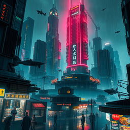 A cyberpunk cityscape inspired by Blade Runner, featuring towering skyscrapers, neon lights, and a rainy atmosphere