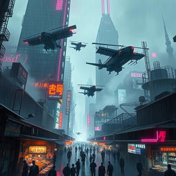 A cyberpunk cityscape inspired by Blade Runner, featuring towering skyscrapers, neon lights, and a rainy atmosphere
