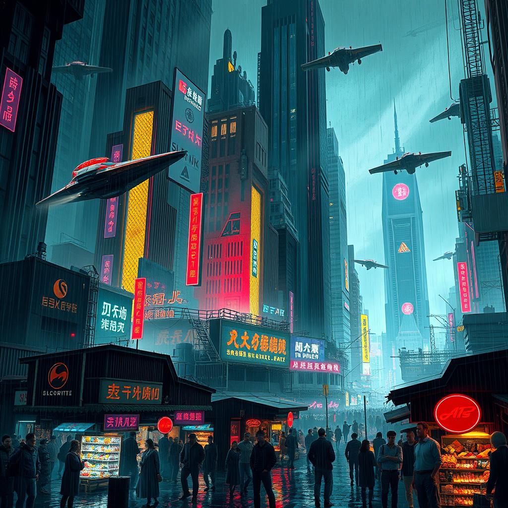 A cyberpunk cityscape inspired by Blade Runner, featuring towering skyscrapers, neon lights, and a rainy atmosphere