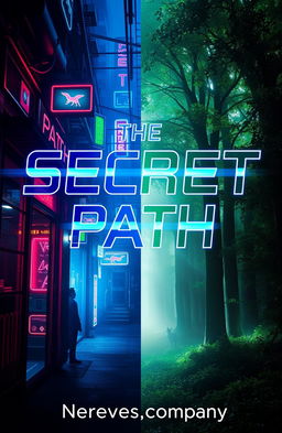 A book cover for 'THE SECRET PATH' featuring a split scene; one half depicts a dark, mysterious alleyway filled with neon lights in a vibrant cyberpunk city, showcasing futuristic elements like holograms and advanced technology