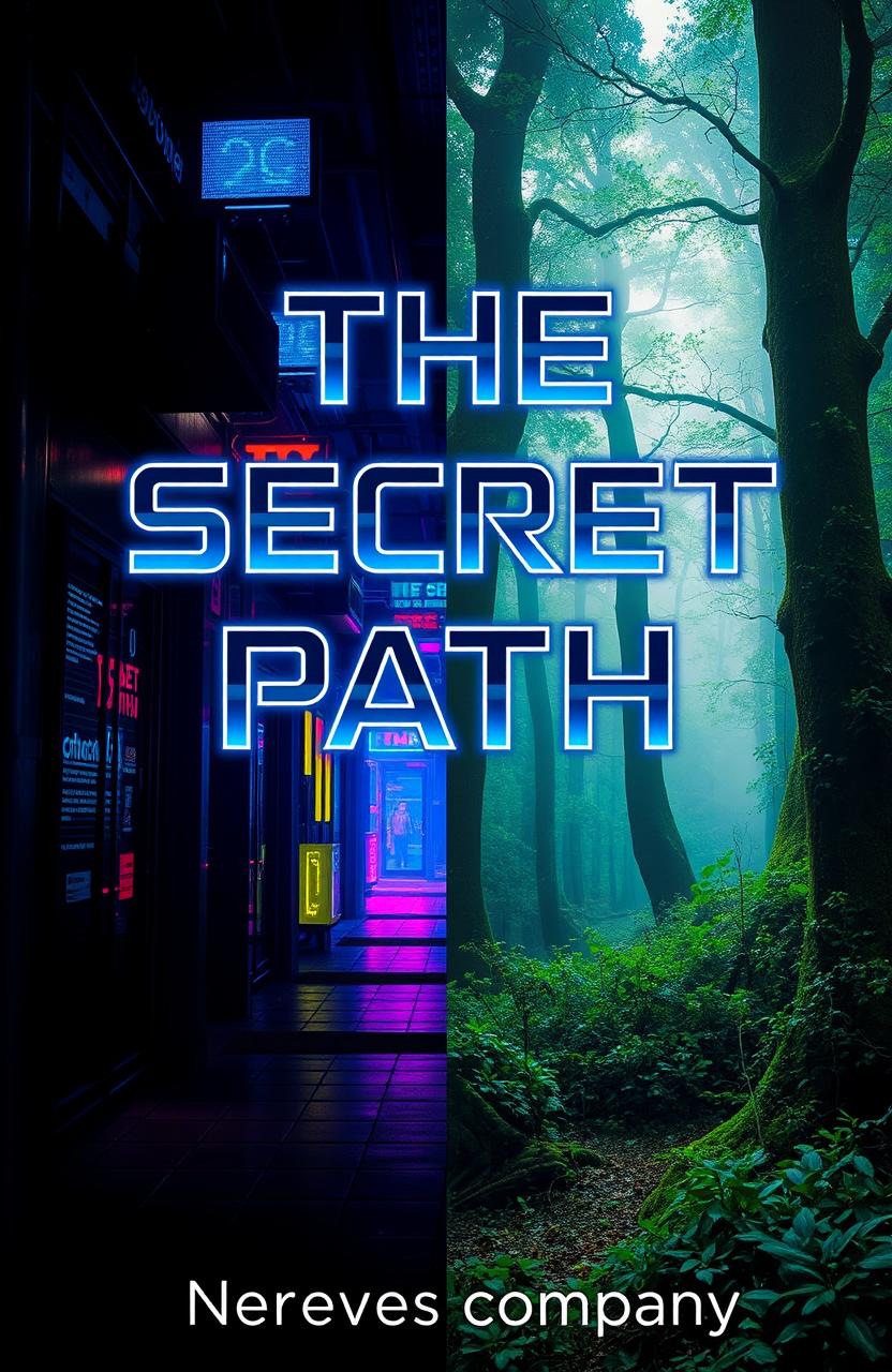 A book cover for 'THE SECRET PATH' featuring a split scene; one half depicts a dark, mysterious alleyway filled with neon lights in a vibrant cyberpunk city, showcasing futuristic elements like holograms and advanced technology