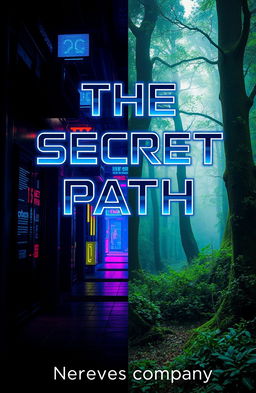 A book cover for 'THE SECRET PATH' featuring a split scene; one half depicts a dark, mysterious alleyway filled with neon lights in a vibrant cyberpunk city, showcasing futuristic elements like holograms and advanced technology