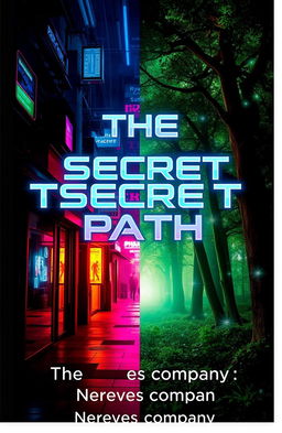 A book cover for 'THE SECRET PATH' featuring a split scene; one half depicts a dark, mysterious alleyway filled with neon lights in a vibrant cyberpunk city, showcasing futuristic elements like holograms and advanced technology