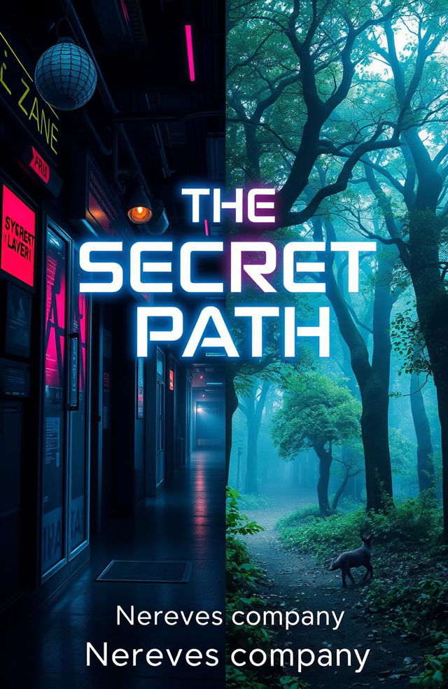 A book cover for 'THE SECRET PATH' featuring a split scene; one half depicts a dark, mysterious alleyway filled with neon lights in a vibrant cyberpunk city, showcasing futuristic elements like holograms and advanced technology