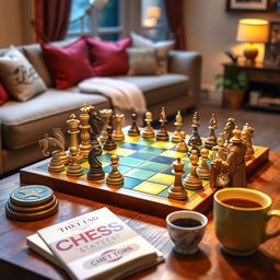 A vibrant and engaging 8x8 chessboard set up for a casual game, featuring intricately designed pieces with a mix of classic and modern styles, bright colors illuminating the board