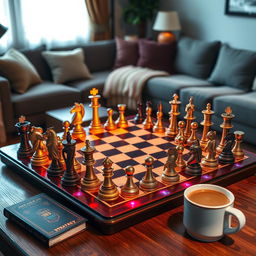 A vibrant and engaging 8x8 chessboard set up for a casual game, featuring intricately designed pieces with a mix of classic and modern styles, bright colors illuminating the board