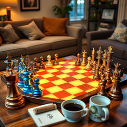 A vibrant and engaging 8x8 chessboard set up for a casual game, featuring intricately designed pieces with a mix of classic and modern styles, bright colors illuminating the board