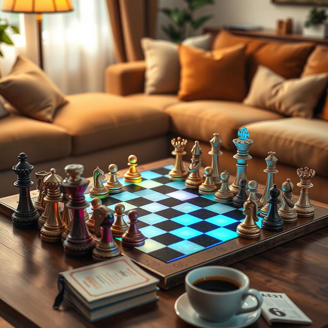 A vibrant and engaging 8x8 chessboard set up for a casual game, featuring intricately designed pieces with a mix of classic and modern styles, bright colors illuminating the board