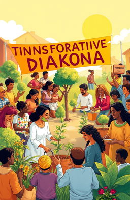 An illustration representing the concept of transformative diakonia, depicting a diverse group of people working together in a vibrant community setting