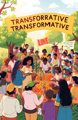 An illustration representing the concept of transformative diakonia, depicting a diverse group of people working together in a vibrant community setting