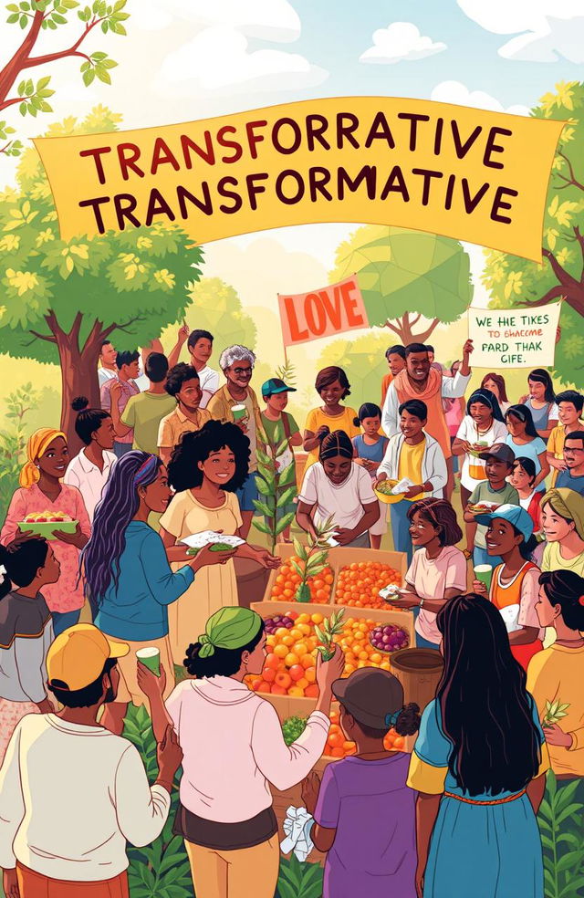 An illustration representing the concept of transformative diakonia, depicting a diverse group of people working together in a vibrant community setting