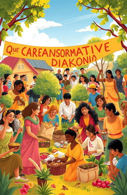 An illustration representing the concept of transformative diakonia, depicting a diverse group of people working together in a vibrant community setting