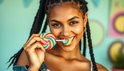 A sexy young woman around 20 years old with braided hair, playfully enjoying a colorful lollipop