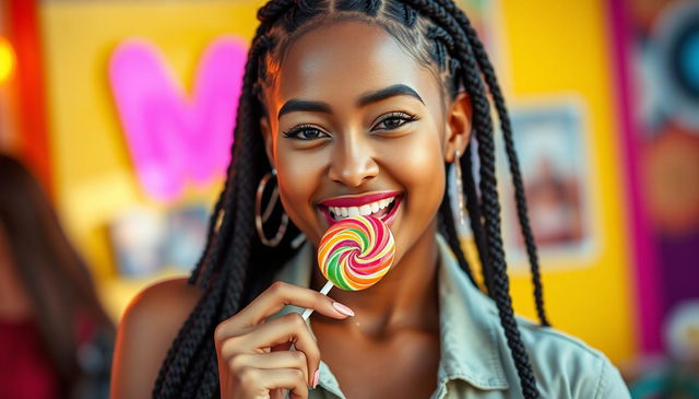 A sexy young woman around 20 years old with braided hair, playfully enjoying a colorful lollipop