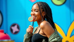 A sexy young woman around 20 years old with braided hair, playfully enjoying a colorful lollipop