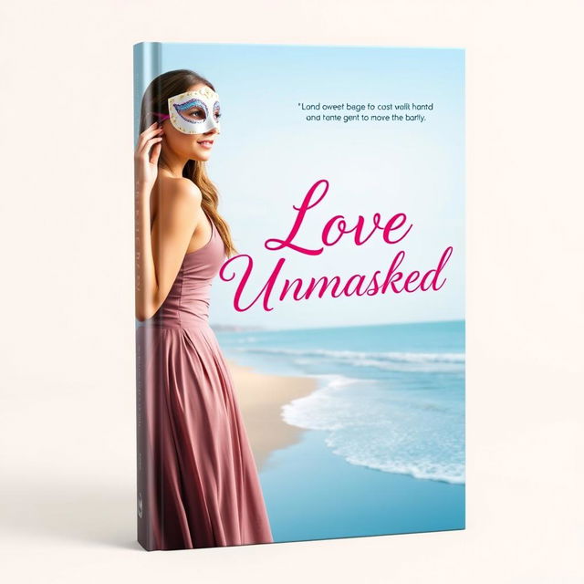 A book cover design for "Love Unmasked", featuring a soft gradient blue background representing a coastal city