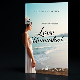 A book cover design for "Love Unmasked", featuring a soft gradient blue background representing a coastal city