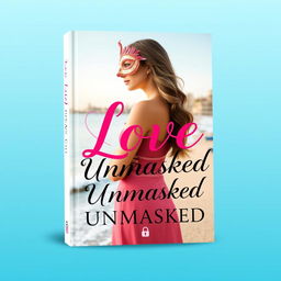 A book cover design for "Love Unmasked", featuring a soft gradient blue background representing a coastal city