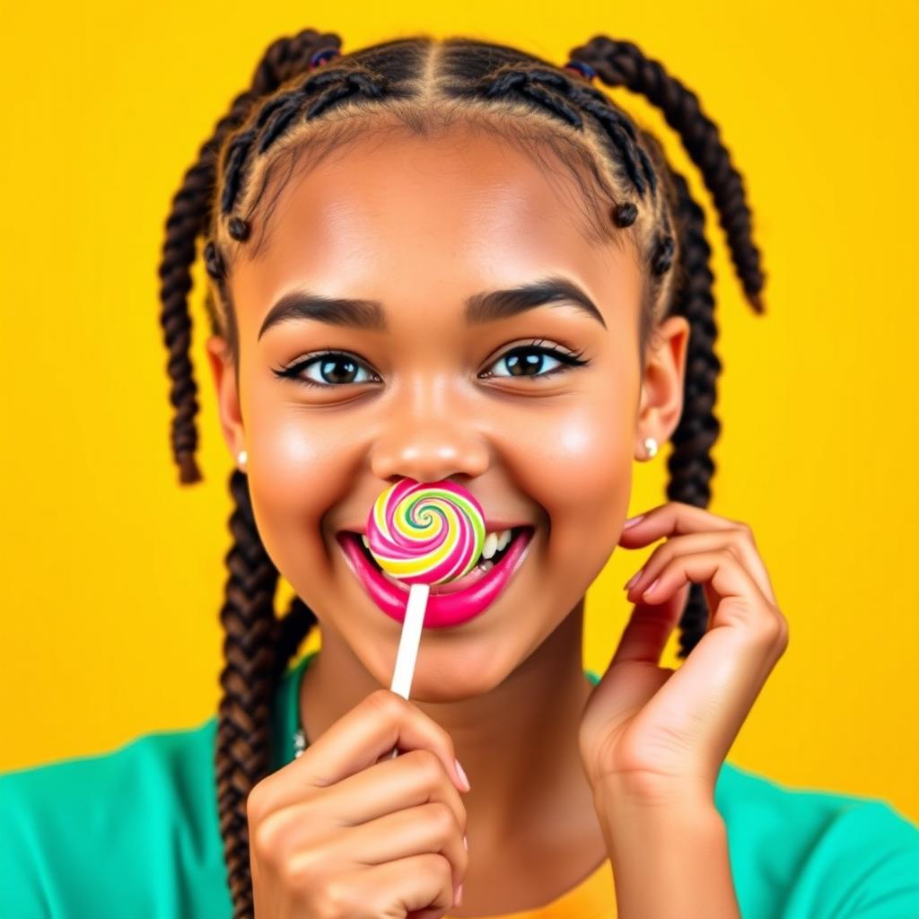 A playful young woman around 18 years old with braided hair, enjoying a colorful lollipop