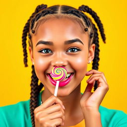 A playful young woman around 18 years old with braided hair, enjoying a colorful lollipop