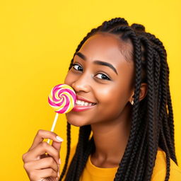 A playful young woman around 18 years old with braided hair, enjoying a colorful lollipop