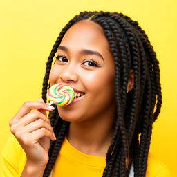 A playful young woman around 18 years old with braided hair, enjoying a colorful lollipop