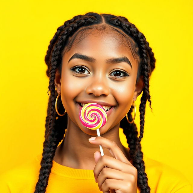 A playful young woman around 18 years old with braided hair, enjoying a colorful lollipop