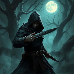 a rogue character in a fantasy setting, wearing a dark hooded cloak, stealthily moving through a moonlit forest, with glowing eyes peeking from the shadows, skillfully holding a dagger, surrounded by mist and ancient trees, showcasing a mystical atmosphere, intricate details in the rogue’s attire and weapon, capturing the essence of stealth and mystery