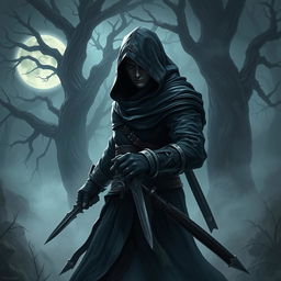 a rogue character in a fantasy setting, wearing a dark hooded cloak, stealthily moving through a moonlit forest, with glowing eyes peeking from the shadows, skillfully holding a dagger, surrounded by mist and ancient trees, showcasing a mystical atmosphere, intricate details in the rogue’s attire and weapon, capturing the essence of stealth and mystery
