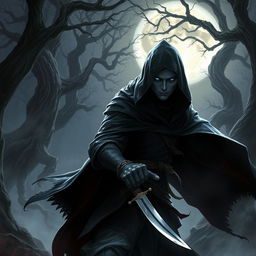 a rogue character in a fantasy setting, wearing a dark hooded cloak, stealthily moving through a moonlit forest, with glowing eyes peeking from the shadows, skillfully holding a dagger, surrounded by mist and ancient trees, showcasing a mystical atmosphere, intricate details in the rogue’s attire and weapon, capturing the essence of stealth and mystery