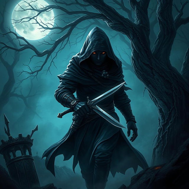 a rogue character in a fantasy setting, wearing a dark hooded cloak, stealthily moving through a moonlit forest, with glowing eyes peeking from the shadows, skillfully holding a dagger, surrounded by mist and ancient trees, showcasing a mystical atmosphere, intricate details in the rogue’s attire and weapon, capturing the essence of stealth and mystery