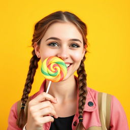 A playful young Slovak woman around 20 years old with two braids, enjoying a colorful lollipop