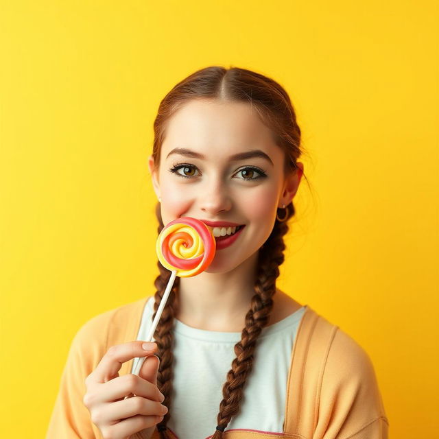 A playful young Slovak woman around 20 years old with two braids, enjoying a colorful lollipop