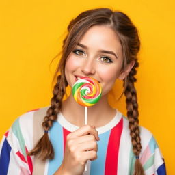 A playful young Slovak woman around 20 years old with two braids, enjoying a colorful lollipop