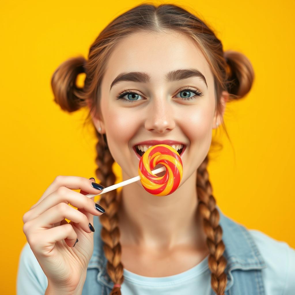 A playful young Slovak woman around 20 years old with two braids, enjoying a colorful lollipop