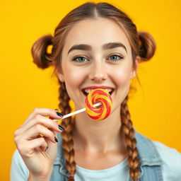 A playful young Slovak woman around 20 years old with two braids, enjoying a colorful lollipop