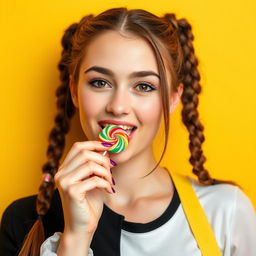 A young Slovak woman around 20 years old with two braids, playfully licking a colorful lollipop