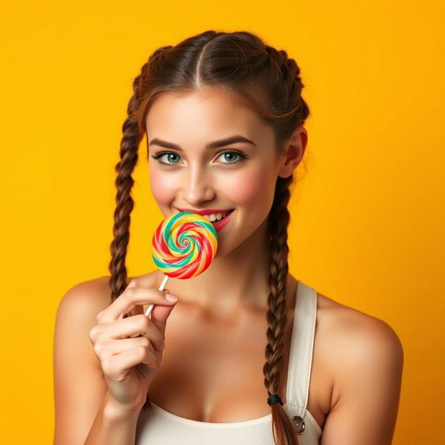 A young Slovak woman around 20 years old with two braids, playfully licking a colorful lollipop