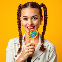 A young Slovak woman around 20 years old with two braids, playfully licking a colorful lollipop
