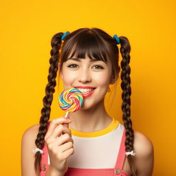 A young Slovak woman around 20 years old with two braids, playfully licking a colorful lollipop