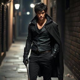 A rogue standing confidently, featuring striking black hair styled in a messy yet stylish fashion