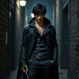 A rogue standing confidently, featuring striking black hair styled in a messy yet stylish fashion